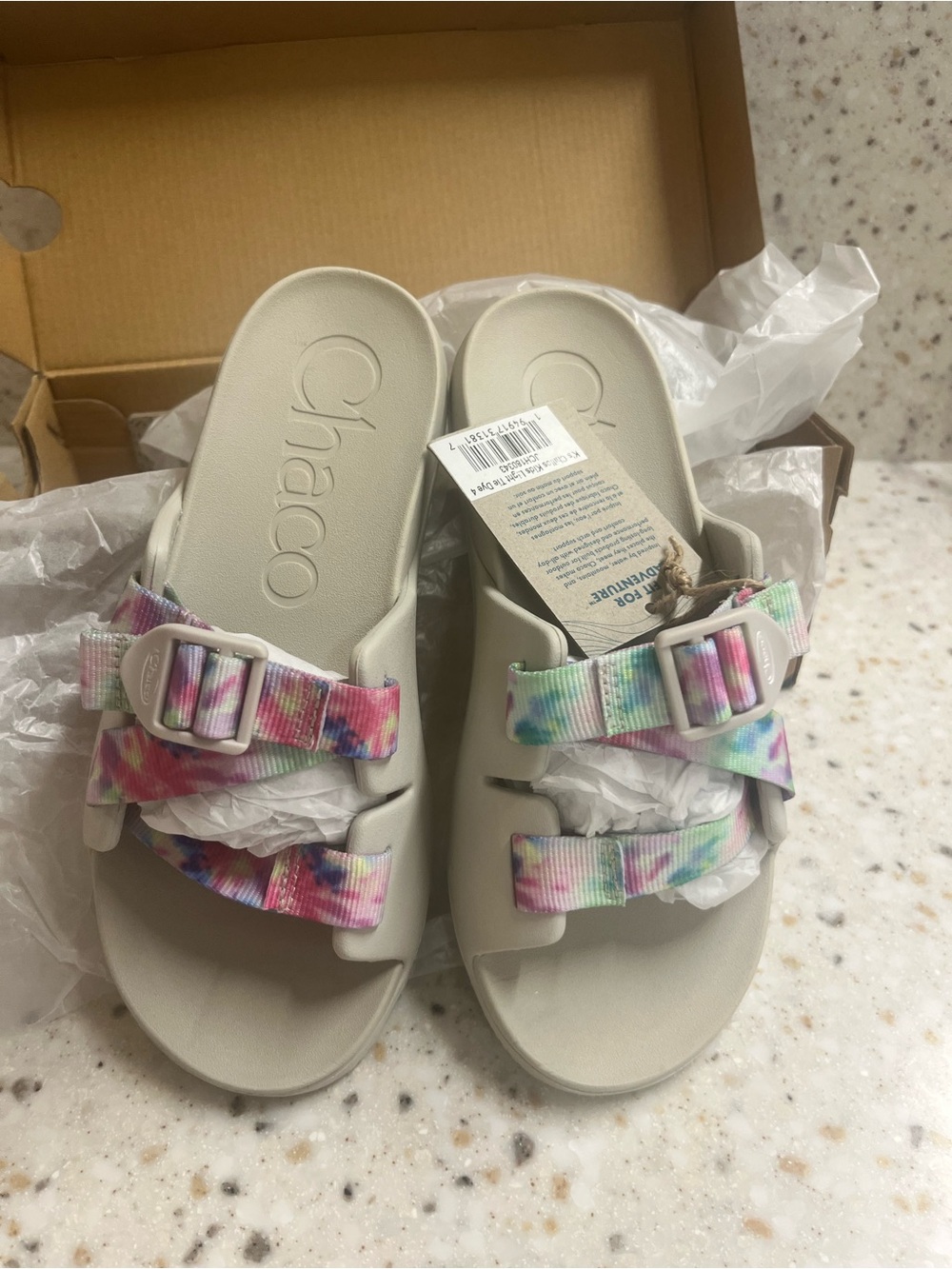 Chaco Kids Tie-Dye Strap Slide Sandals in Light Beige and Multicolor Tie-Dye